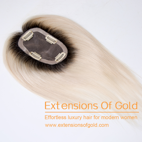 3x5" Mono Base Hair Topper 10" Black Rooted White Blonde Hair 130% Density Premium Real Human Hair Topper #EGTA05