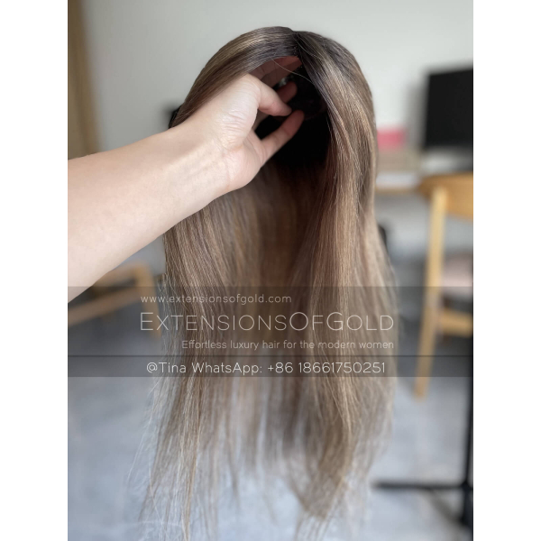 3x6" Mono Base Hair Topper 16" Medium Brown Highlights Hair 130% Density Premium Real Human Hair Topper #A010603