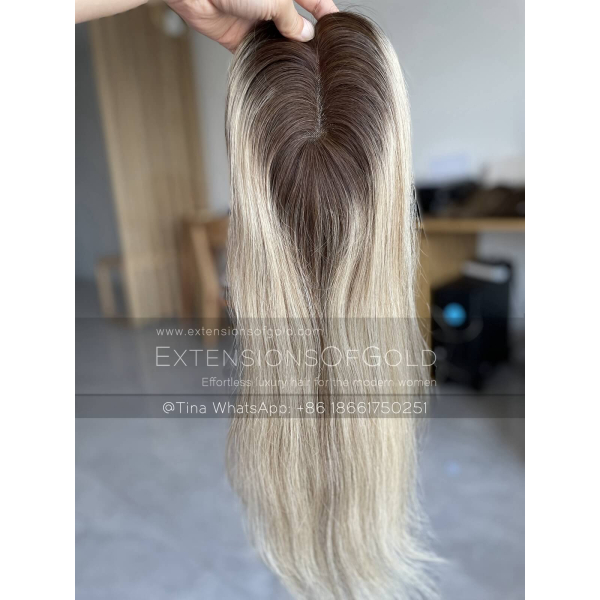 3x6" Mono Base Hair Topper 16" Dark Roots Light Blonde Hair 130% Density Premium Real Human Hair Topper #A010605