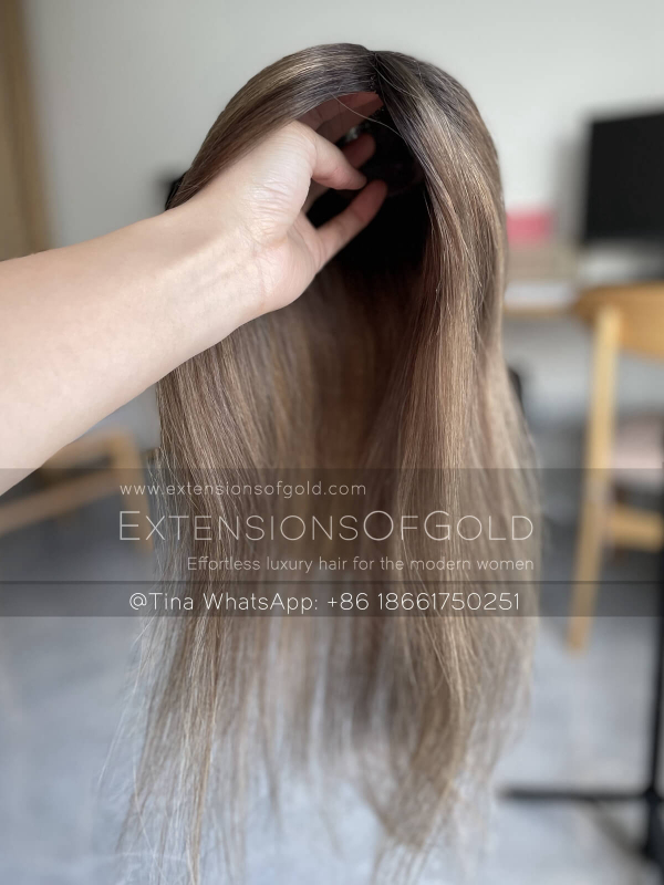 3x6" Mono Base Hair Topper 16" Medium Brown Highlights Hair 130% Density Premium Real Human Hair Topper #A010603