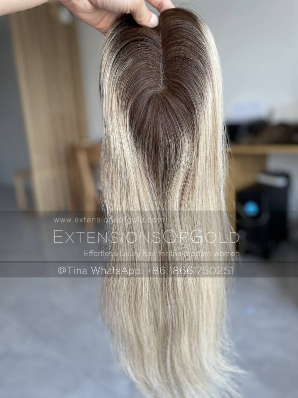 3x6" Mono Base Hair Topper 16" Dark Roots Light Blonde Hair 130% Density Premium Real Human Hair Topper #A010605