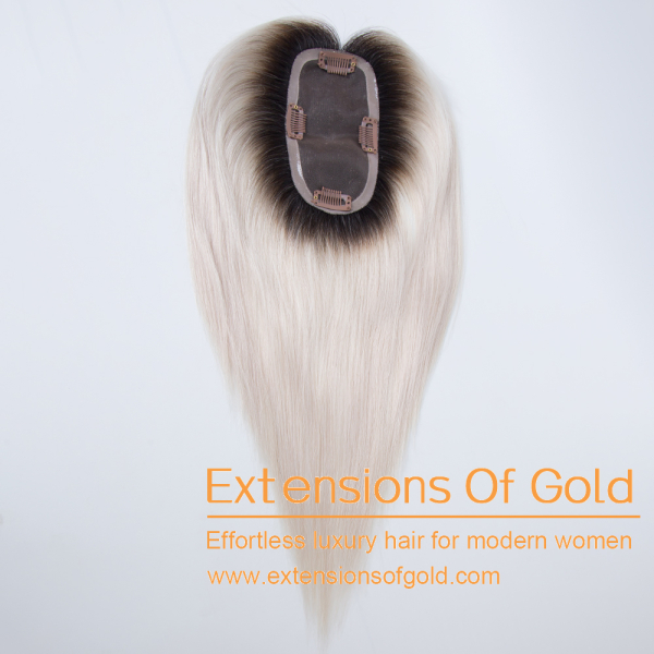 3x6" Mono Base Hair Topper 12" Black Rooted White Blonde Hair 130% Density Premium Real Human Hair Topper #EGTA06