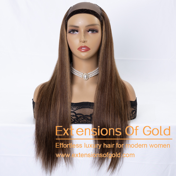 U Part Hair Wig 18" Medium Brown Balayage Hair 150% Density Premium Real Human Hair Wig #EGUP08